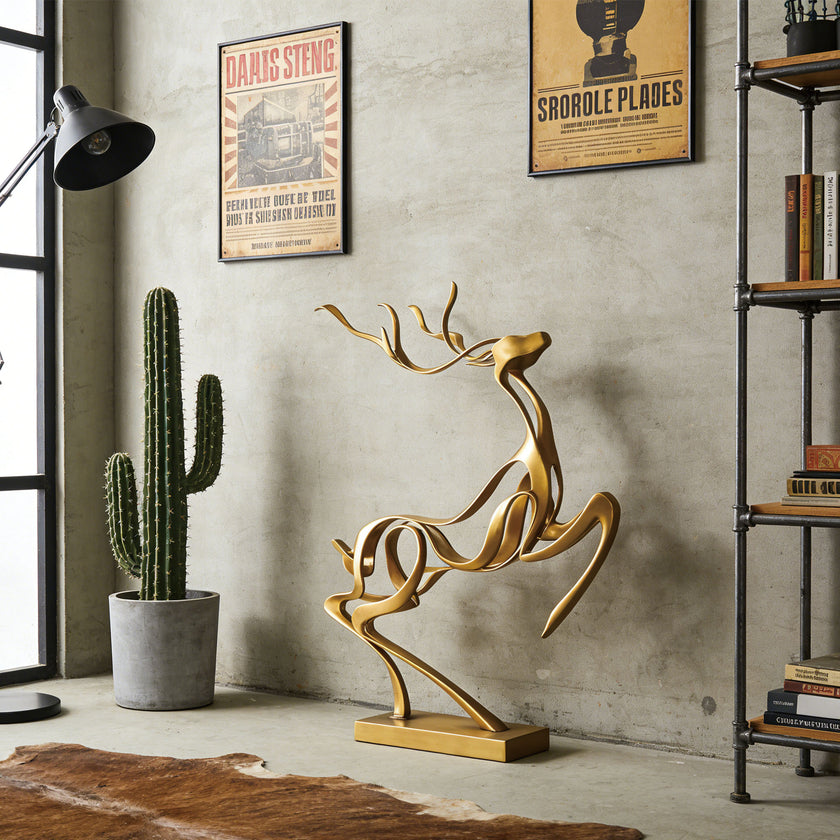 Openwork Golden Stag Abstract Stainless Steel Sculpture displayed in a styled room setting with a concrete wall, framed posters, a potted cactus, a black floor lamp, and a bookshelf.