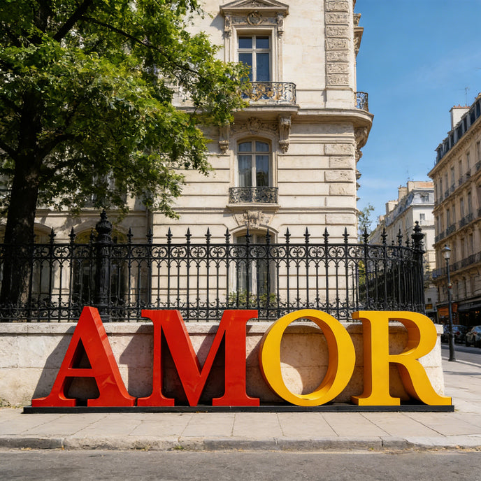 Iconic Pop Art AMOR Contemporary Art Sculpture  in red and yellow, placed outdoors in front of a Parisian-style building and black iron fence.