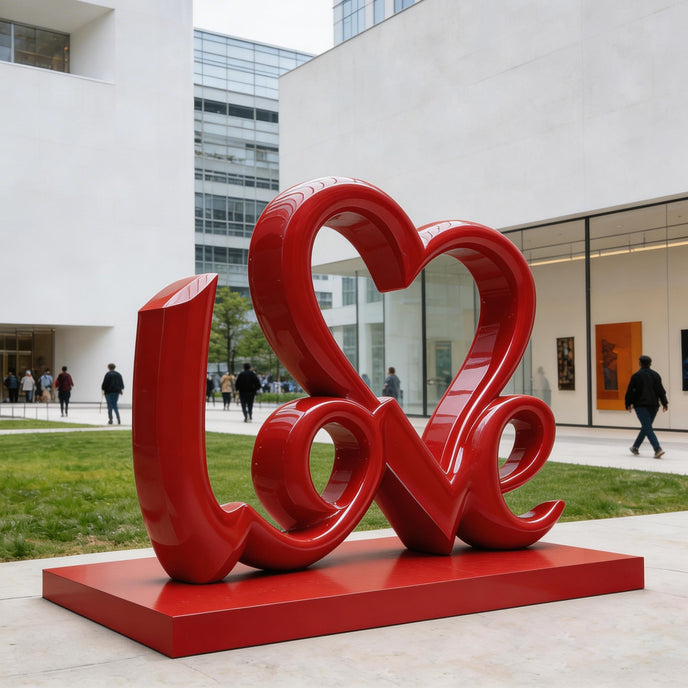 Charming LOVE Lettering Stainless Steel Floor Sculpture  in front of a modern white building with glass windows and a few people walking in the background.