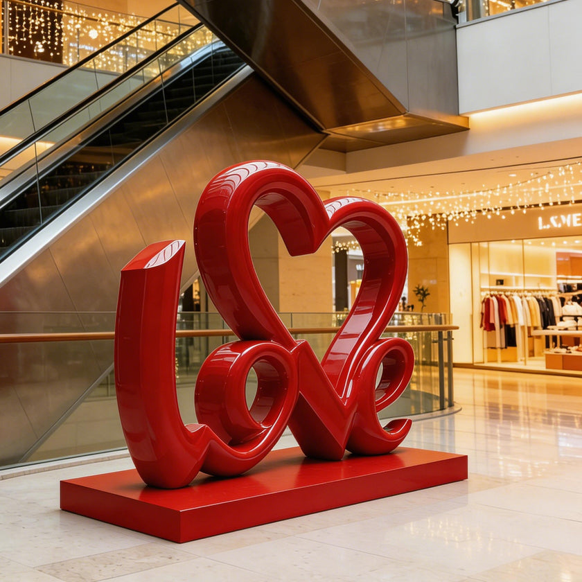 Charming LOVE Lettering Stainless Steel Floor Sculpture on a matching red base in a modern shopping mall atrium with escalators and store fixtures in the background.