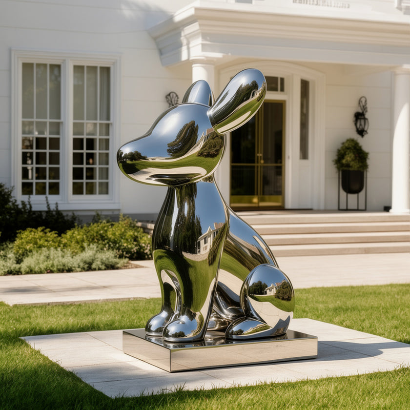 A large, glossy adorable Cartoon Puppy Outdoor Stainless Steel Sculpture on a rectangular base, placed outdoors on a lawn in front of a white house with steps and windows.