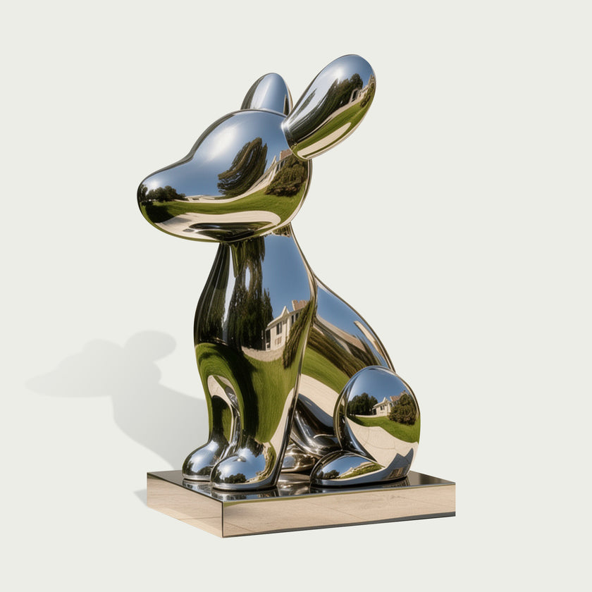 Adorable Cartoon Puppy Outdoor Stainless Steel Sculpture sitting on a rectangular metallic base, photographed against a plain light gray background.