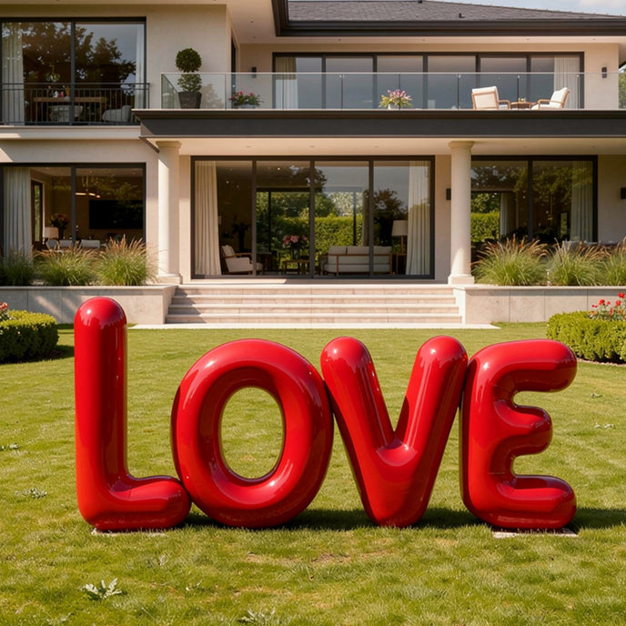 Balloon Style Red LOVE Custom Stainless Steel Sculpture on a green lawn in front of a modern house.