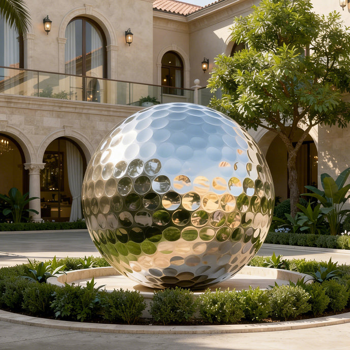 Mirror Polished Golf Ball Contemporary Stainless Steel Sculptures sits outdoors in a landscaped courtyard in front of a beige villa with arched windows and a tree.