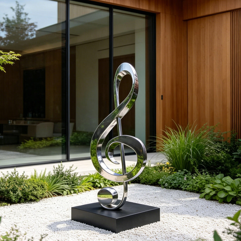 Modern Musical Note Outdoor Stainless Steel Sculpture on a black rectangular base, set in a modern landscaped garden with white gravel, green plants, and a contemporary wooden house in the background.