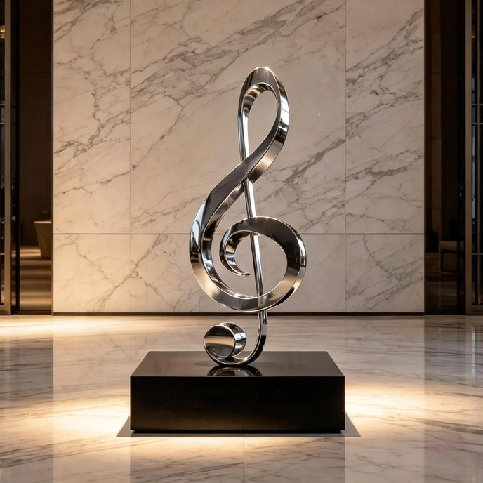 Modern Musical Note Outdoor Stainless Steel Sculpture  standing on a black rectangular pedestal in a modern lobby with marble walls and floors.