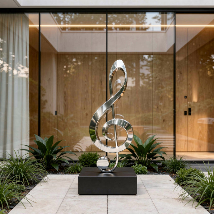 Modern Musical Note Outdoor Stainless Steel Sculpture displayed on a black rectangular pedestal in a modern outdoor courtyard with glass walls, plants, and a tiled walkway.