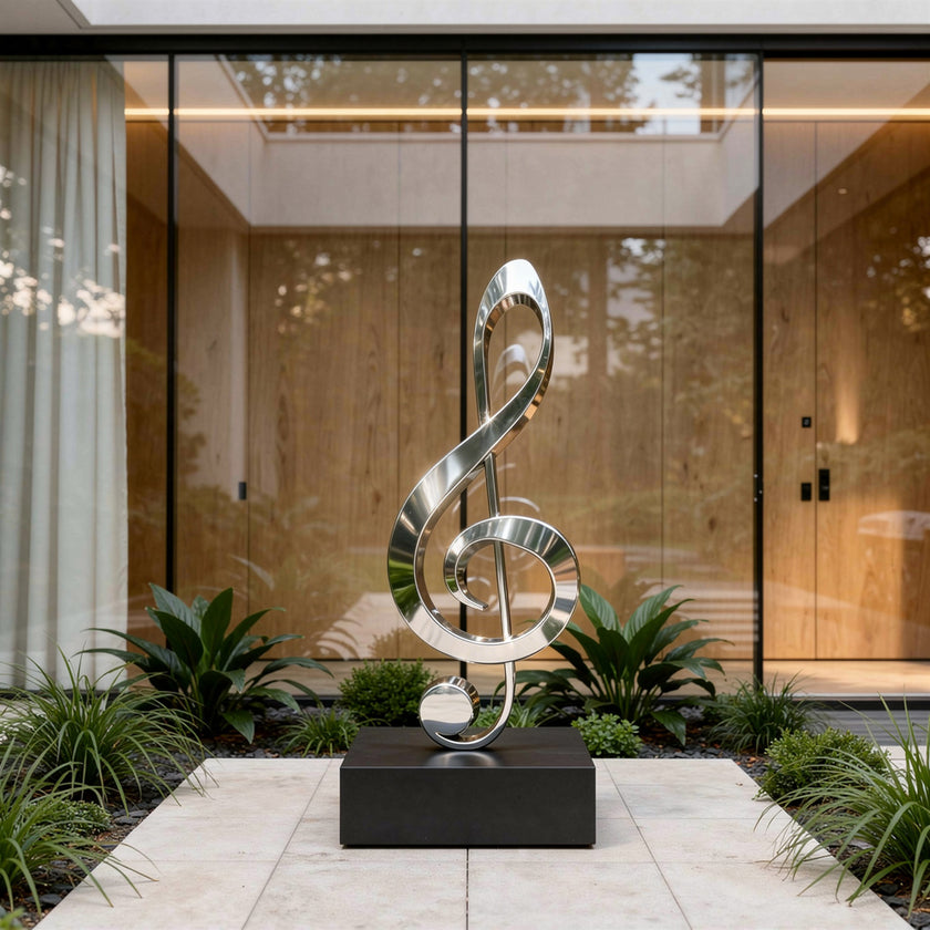 Modern Musical Note Outdoor Stainless Steel Sculpture displayed on a black rectangular pedestal in a modern outdoor courtyard with glass walls, plants, and a tiled walkway.