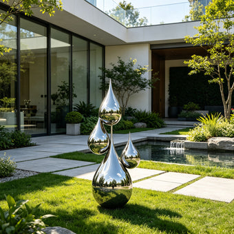 Floating Water Drops Contemporary Outdoor Stainless Steel Sculpture with three teardrop-shaped mirrored forms stands on a green lawn in a contemporary outdoor garden courtyard with a small water feature and glass-walled building in the background.