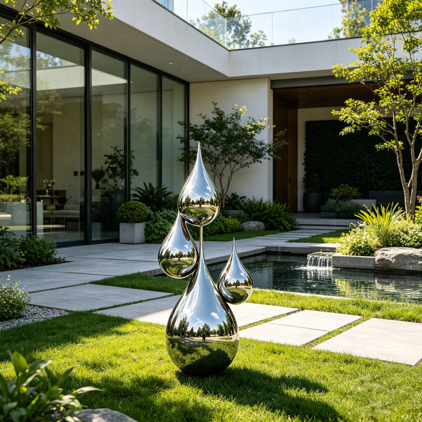 Floating Water Drops Contemporary Outdoor Stainless Steel Sculpture with three teardrop-shaped mirrored forms stands on a green lawn in a contemporary outdoor garden courtyard with a small water feature and glass-walled building in the background.