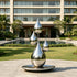 Floating Water Drops Contemporary Outdoor Stainless Steel Sculpture resembling three teardrop shapes on a round base, placed outdoors in a landscaped courtyard with a pool, lawn, and modern building facade behind it.