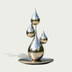Floating Water Drops Contemporary Outdoor Stainless Steel Sculpture resembling four reflective teardrop droplets arranged on a circular base, photographed against a plain light gray studio background.