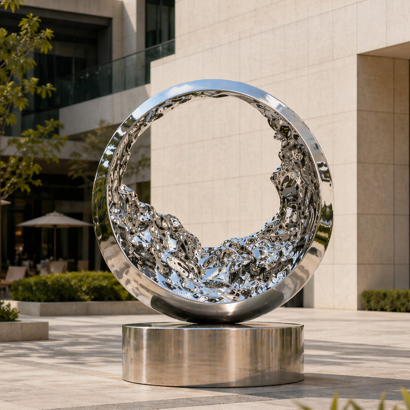 Mesmerizing Tidal Circle Abstract Stainless Steel Sculpture of a ring with a textured, fluid-like interior, mounted on a cylindrical base in an outdoor plaza with a modern building in the background.
