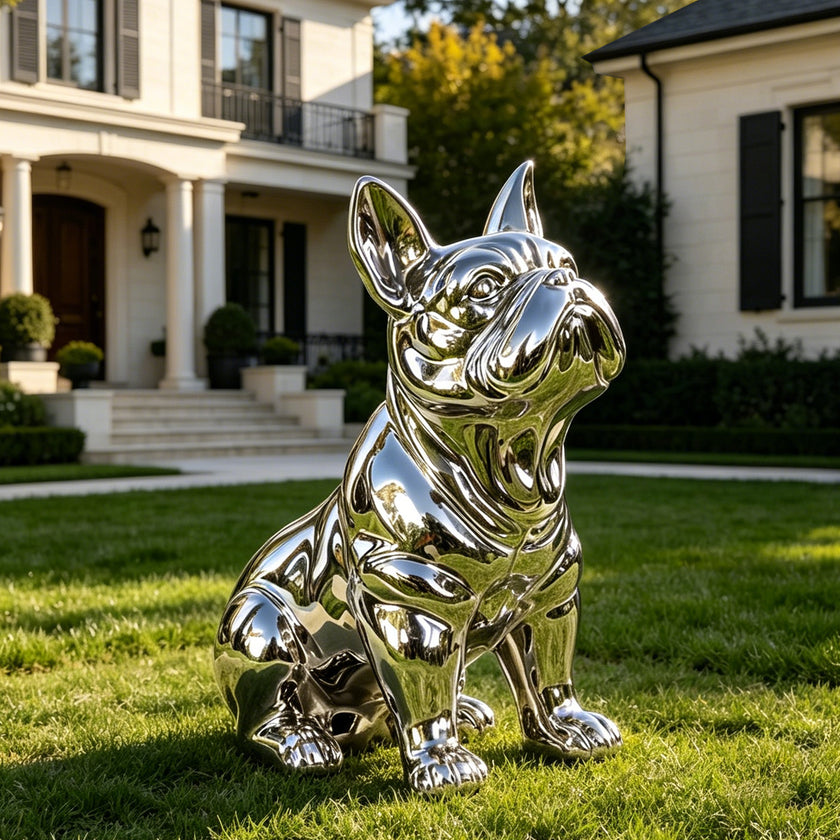  French Bulldog Mirror Polished Stainless Steel Sculpture Lawn Statues  sits on a green lawn in front of a large house.
