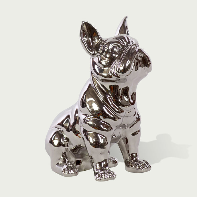  French Bulldog Mirror Polished Stainless Steel Sculpture Lawn Statues, shown in a sitting position against a light gray background.