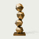Stacked Geometric Polyhedron Abstract Stainless Steel Sculpture featuring four stacked faceted geometric spheres in a metallic gold finish, resting on a matching rectangular base against a light gray background.