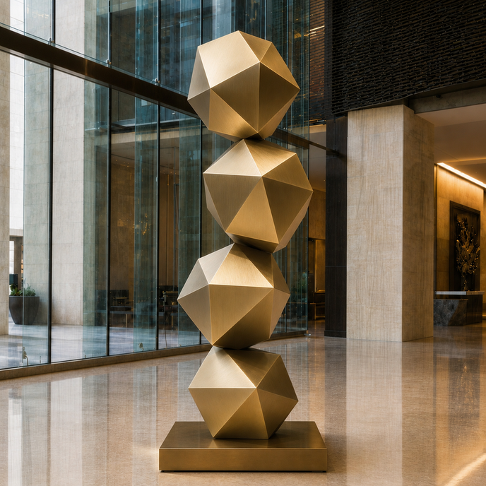 Stacked Geometric Polyhedron Abstract Stainless Steel Sculpture made of four stacked faceted gold spheres on a rectangular gold base, displayed in a luxurious lobby with glass walls and polished floors.