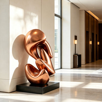 Rose gold stainless steel abstract sculpture displayed in a modern luxury interior, featuring smooth curved forms, reflective metal surface and contemporary artistic design.