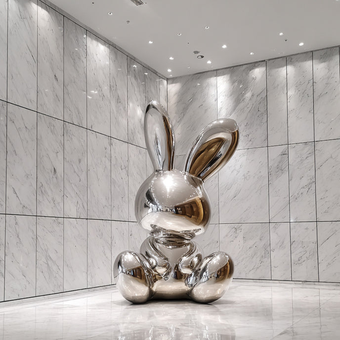 Mirror Polished Balloon Rabbit Stainless Steel Sculpture in a luxury mall