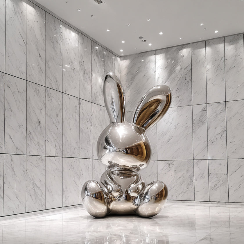 Mirror Polished Balloon Rabbit Stainless Steel Sculpture in a luxury mall