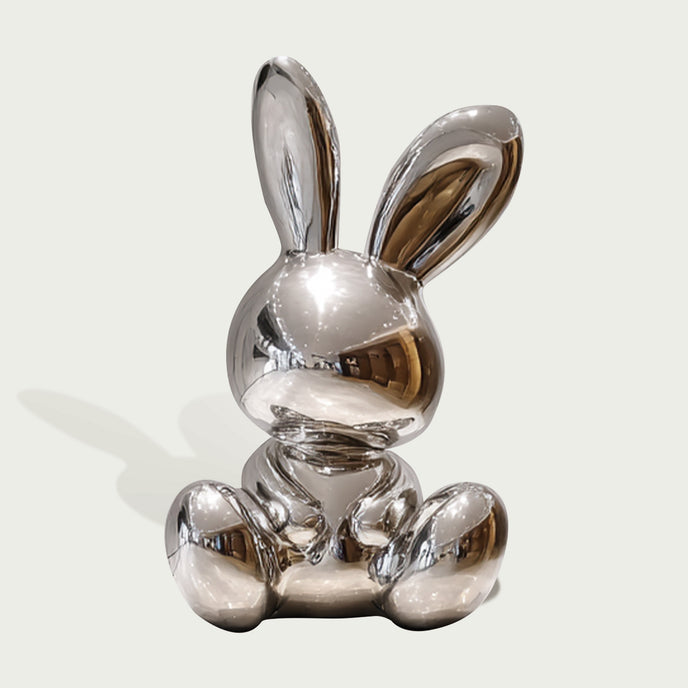 Mirror Polished Balloon Rabbit Stainless Steel Sculpture on a white background