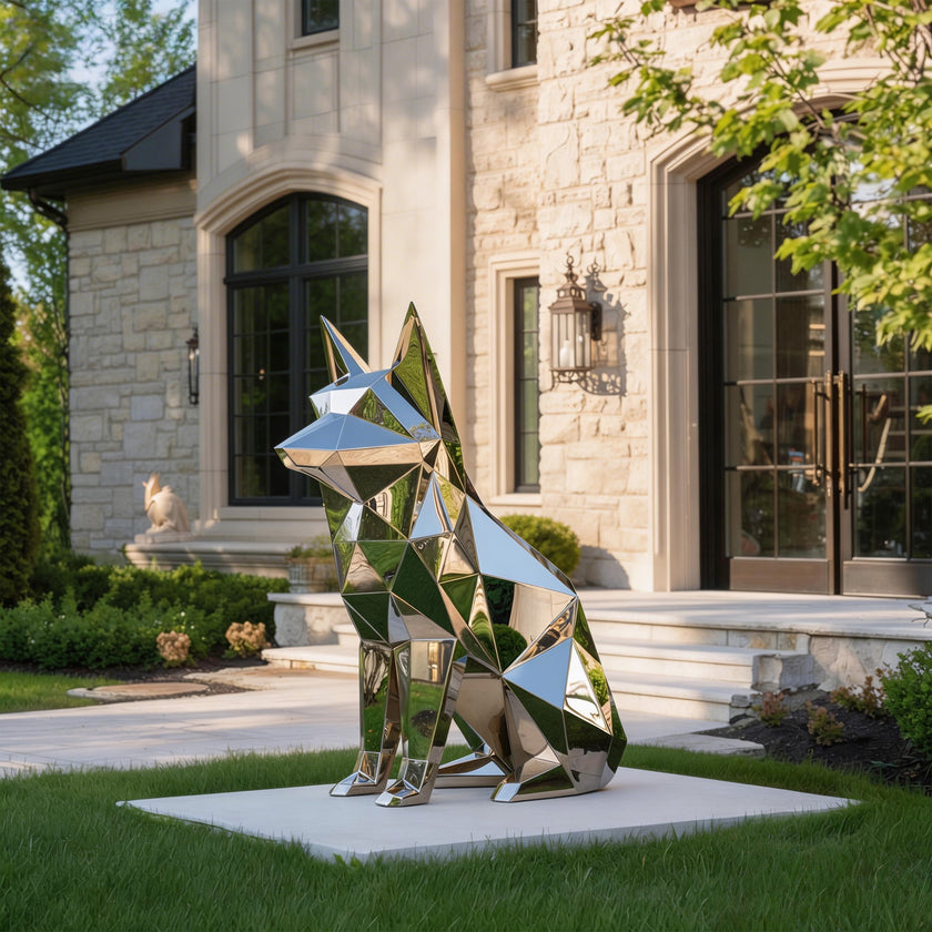 Mirror-polished stainless steel dog garden sculpture displayed outside a luxury residence, with a seated geometric form, sharp faceted panels, pointed ears, and reflective surfaces mirroring the surrounding lawn and architecture.