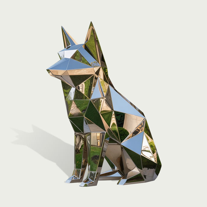 Geometric stainless steel dog sculpture in a seated pose, featuring pointed ears, angular low-poly faceted surfaces, and a highly reflective mirror-polished finish against a clean light background.
