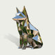 Geometric stainless steel dog sculpture in a seated pose, featuring pointed ears, angular low-poly faceted surfaces, and a highly reflective mirror-polished finish against a clean light background.