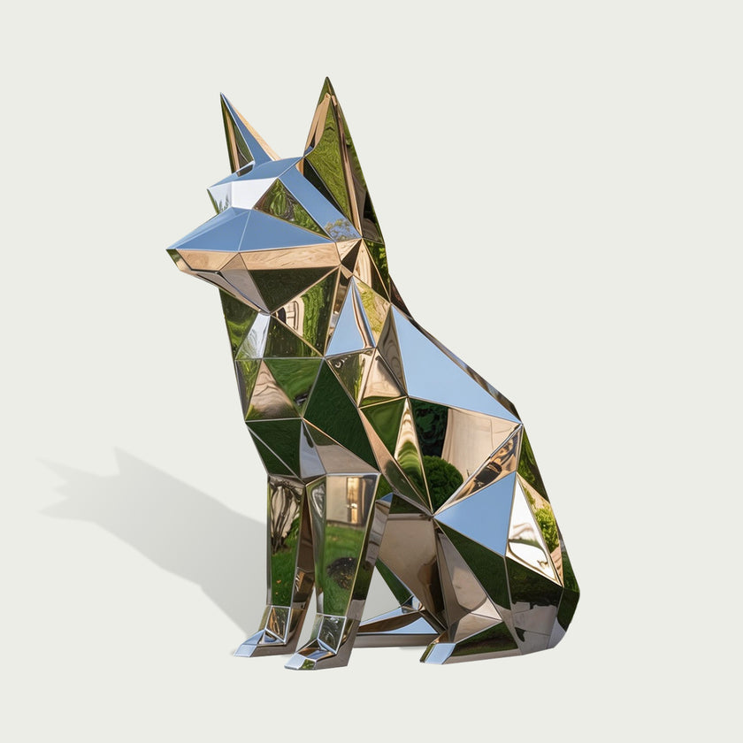 Geometric stainless steel dog sculpture in a seated pose, featuring pointed ears, angular low-poly faceted surfaces, and a highly reflective mirror-polished finish against a clean light background.