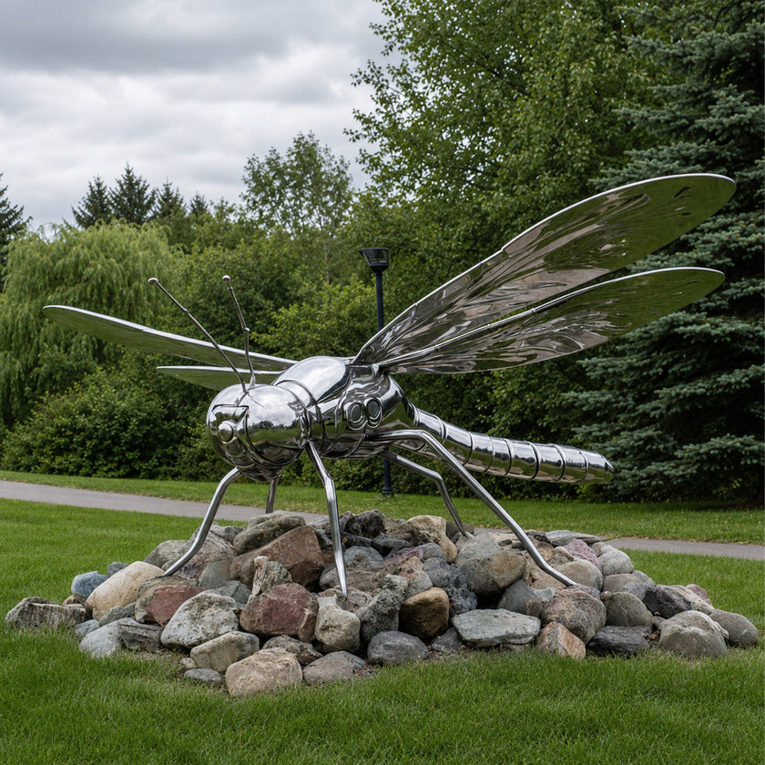 Mirror Polished Dragonfly Stainless Steel Sculpture Ecological Garden Art in a garden lanscape