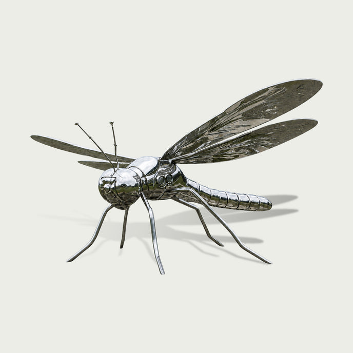 Mirror Polished Dragonfly Stainless Steel Sculpture Ecological Garden Art on a white background