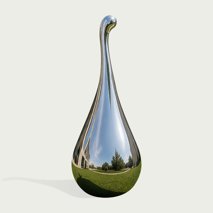 A polished chrome teardrop-shaped sculpture with a reflective neck, shown on a light gray background. The mirror-like surface reflects a blue sky, trees, and green grass.