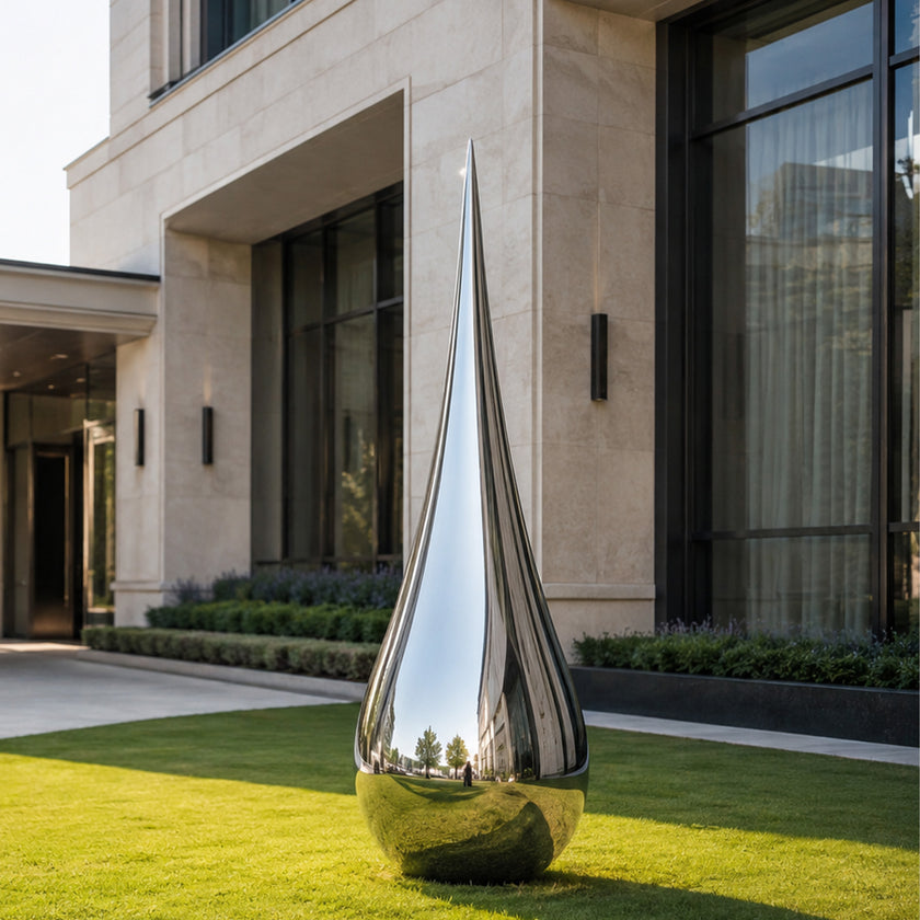 A large teardrop-shaped polished stainless steel sculpture stands on a manicured green lawn in front of a modern beige stone building with large dark windows.