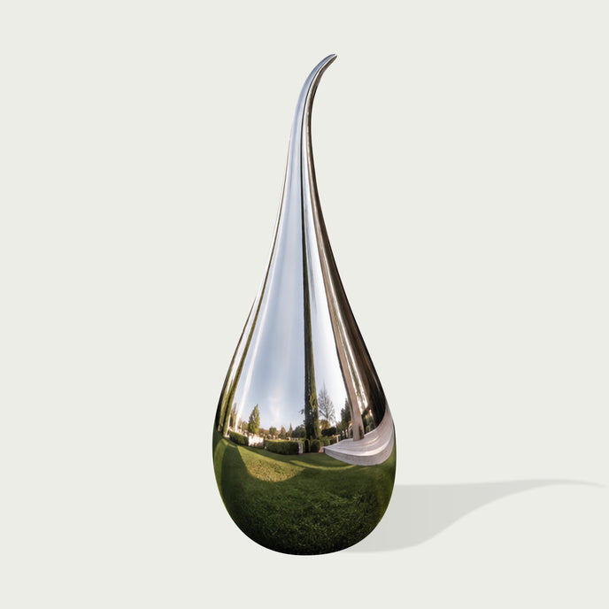 Side-Hook Curved Water Drop Mirror Polished Stainless Steel Sculpture on a white background