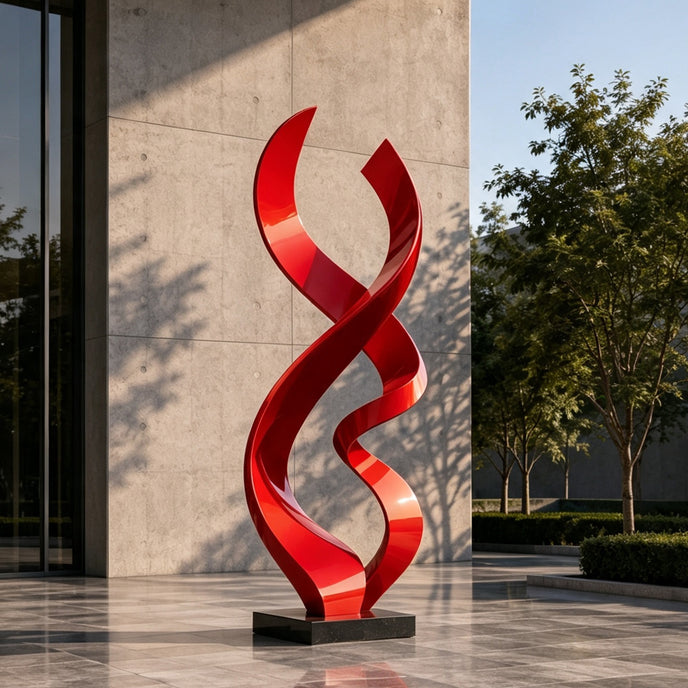 Modern Glossy Red Stainless Steel Sculpture 