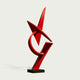Sharp Angular Geometric Abstract Red Stainless Steel Sculpture on a white background
