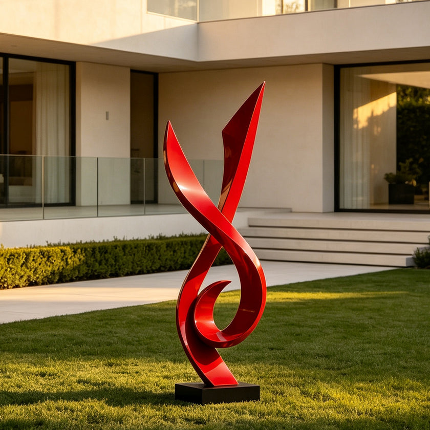 Modern Red Fluid Art Stainless Steel Sculpture on a Modern Lawn For Estate Entrances