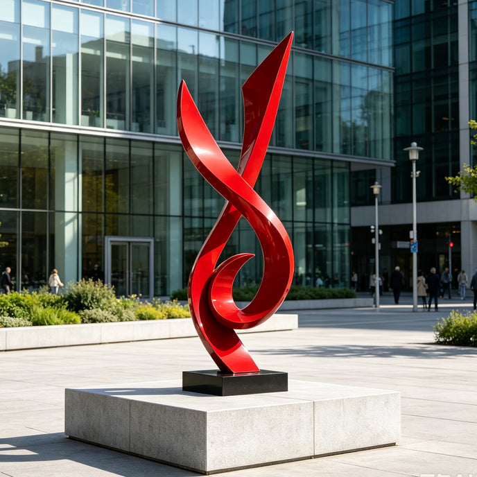 Modern Red Fluid Art Stainless Steel Sculpture on a shopping plaza