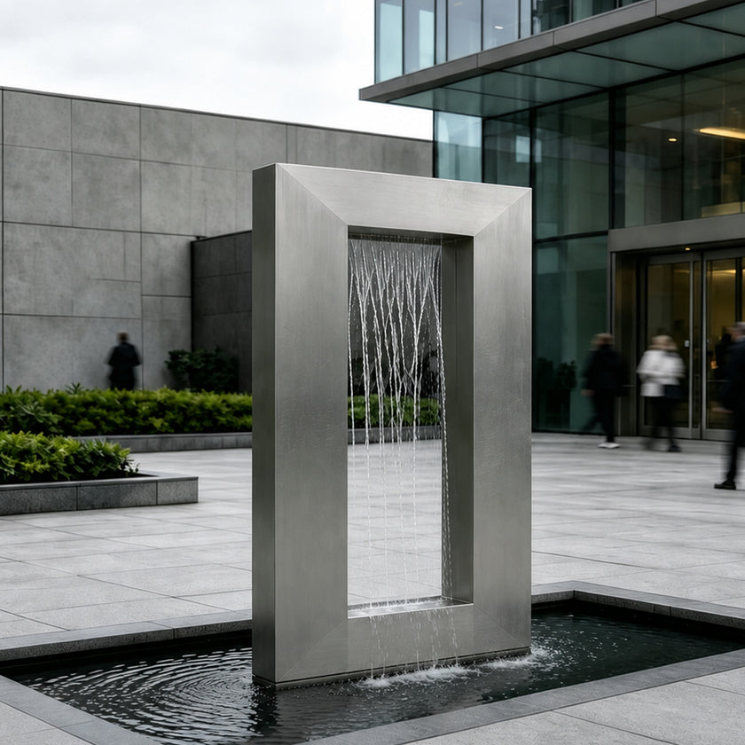 A modern rectangular stainless steel wall fountain with a vertical water cascade, set in a paved outdoor plaza in front of a contemporary glass and stone building.