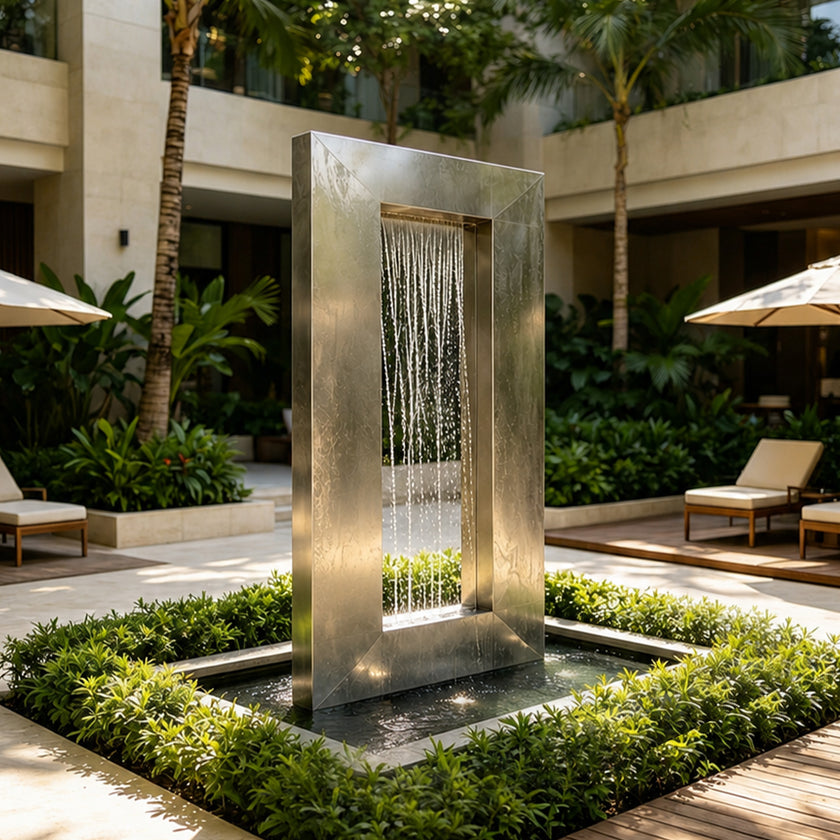 A modern rectangular stainless steel waterfall fountain installed in a landscaped outdoor courtyard with greenery, lounge chairs, and umbrellas.