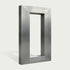 A modern rectangular metal frame with a brushed silver finish, standing upright against a light off-white background.