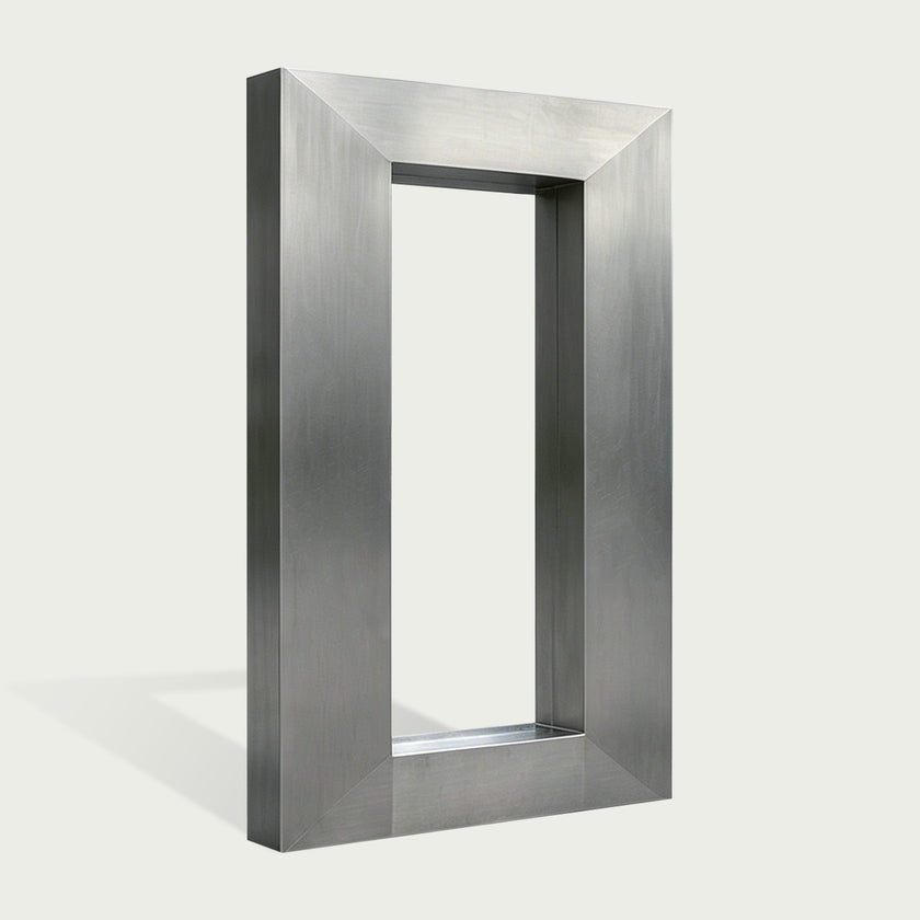 A modern rectangular metal frame with a brushed silver finish, standing upright against a light off-white background.