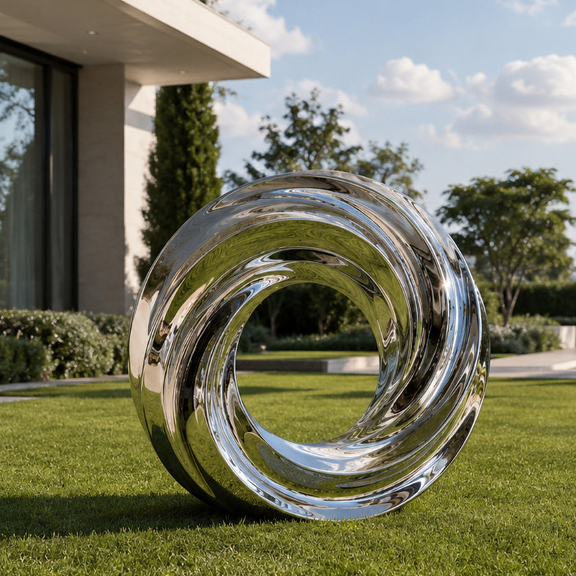 A large, modern abstract spiral ring sculpture made of highly polished reflective metal, situated on a green lawn in front of a modern house and trees under a blue sky.