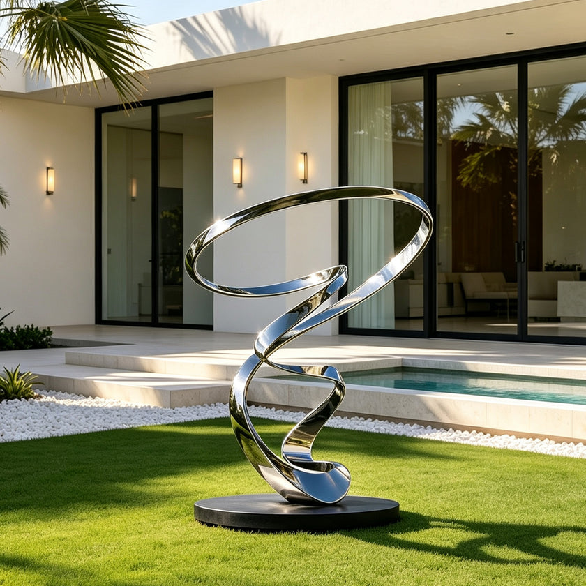Twisting Silver Band Contemporary Mirror Polished Stainless Steel Sculpture on a lawn in the gareden of a modern villa