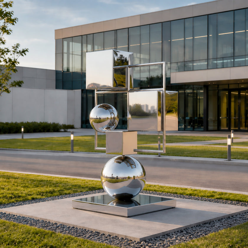 Geometric Floating Spheres And Cubes Mirror Polished Stainless Steel Sculpture Modern Contemporary Sculpture in front of a commercial plaza