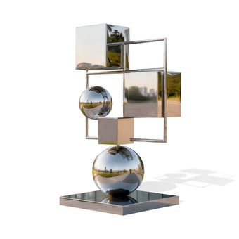 Geometric Floating Spheres And Cubes Mirror Polished Stainless Steel Sculpture Modern Contemporary Sculpture on a white background