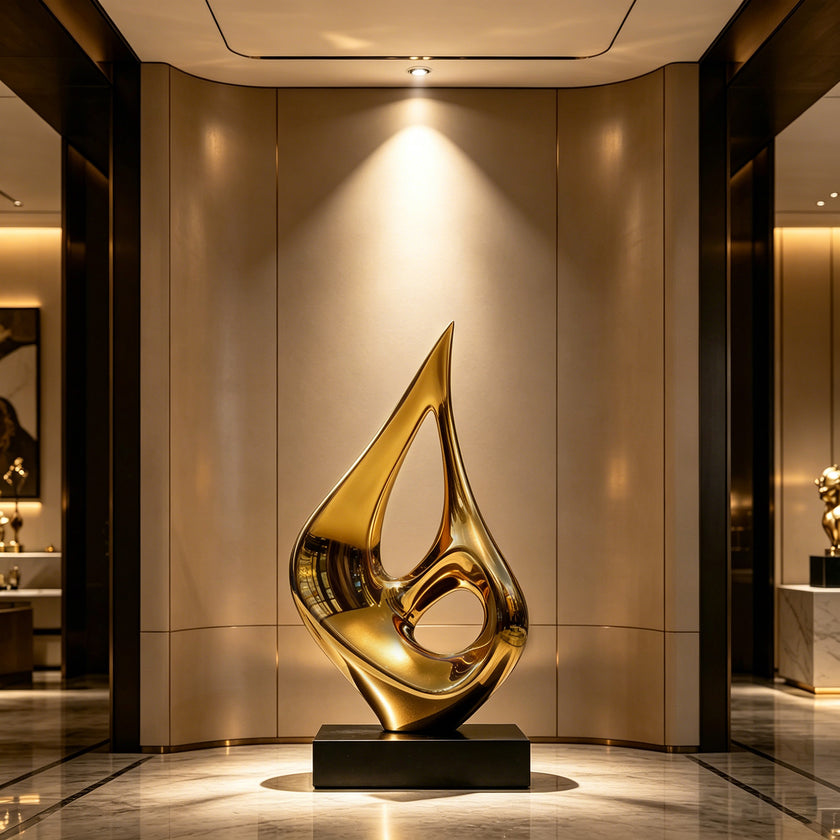 A brilliant hollow golden flame drop stainless steel sculpture displayed in a luxury hallway lobby. This abstract floor art features a fluid, teardrop silhouette with an open center and a highly reflective gold mirror-polished finish. Resting on a sleek black base against a warm, elegant marble interior, the decorative statue radiates modern luxury and sophisticated artistic design.
