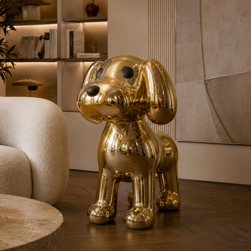 INFINITY Playful Golden Puppy Pop Art Stainless Steel Sculpture Indoor Floor Art For Luxury Living Rooms IS-140