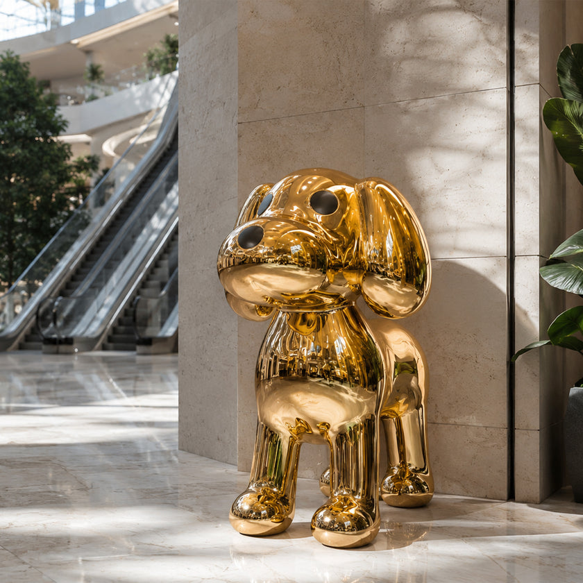 INFINITY Playful Golden Puppy Pop Art Stainless Steel Sculpture Indoor Floor Art For Luxury Living Rooms IS-140