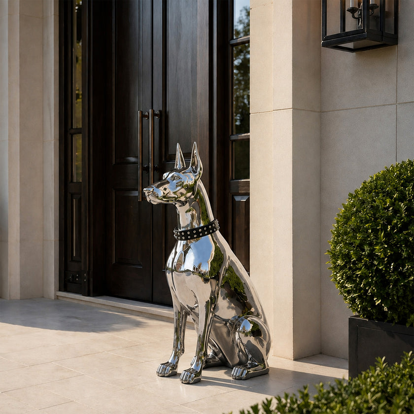 A polished silver metallic dog statue, resembling a Doberman, sitting on a beige stone patio in front of a dark wooden door and beige stone columns.